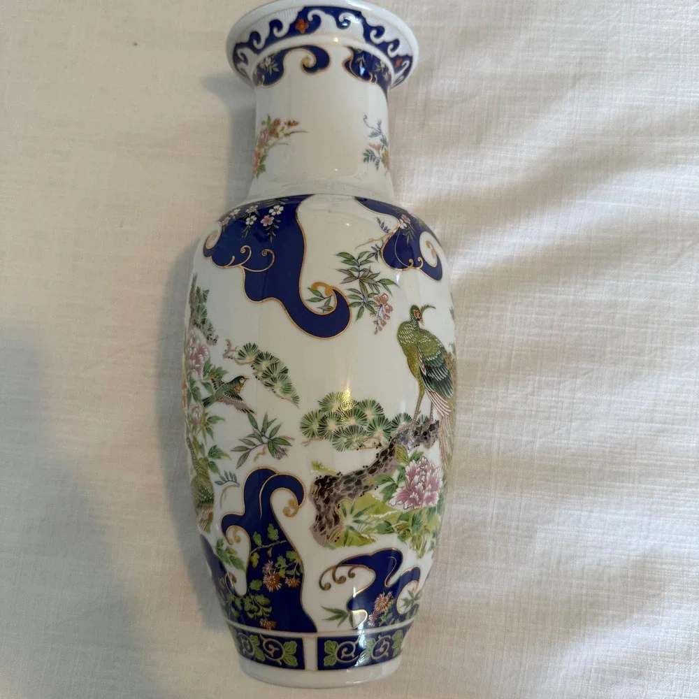 Tozan Japan Porcelain Peacock Floral Vase Cobalt Blue Gold Gilt 12 Inch Vintage
